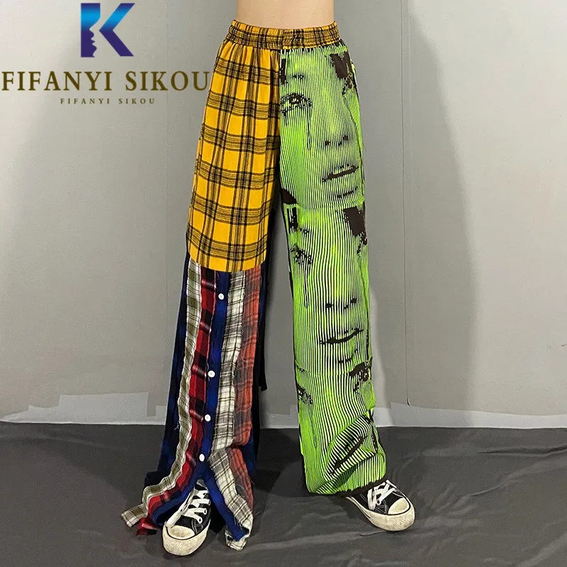 

Брюки женские прямые в клетку, модные штаны в стиле пэчворк, с принтом, с завышенной талией, в стиле хип-хоп, брюки с широкими штанинами, уличная одежда, свободные длинные