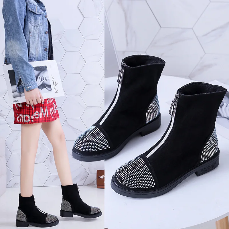 

Boots Women's 2019 Autumn Short Boots Winter plus Velvet Chunky High Heel Shoes Women's Front Zipper Man-made Diamond Thin Stret