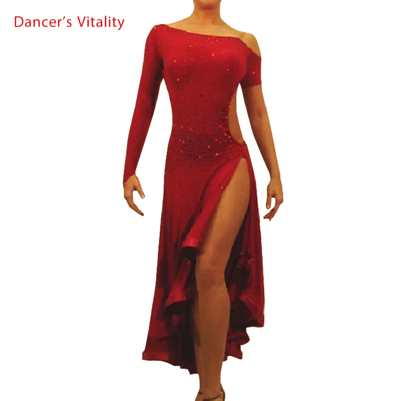 2017 Diamond Latin Dance Dress Girl Shoulder Style Long Sleeves Sleeveless Samba Ballroom Tango