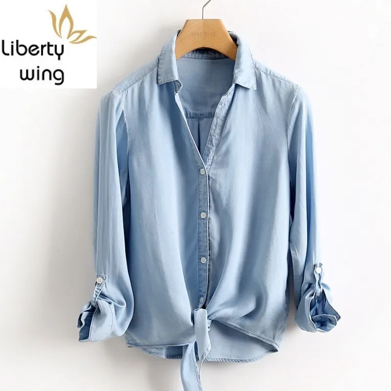 spring-summer-lightweight-womens-denim-v-neck-irregular-office-short-blouse-women-loose-fit-solid-jean-shirts-tops