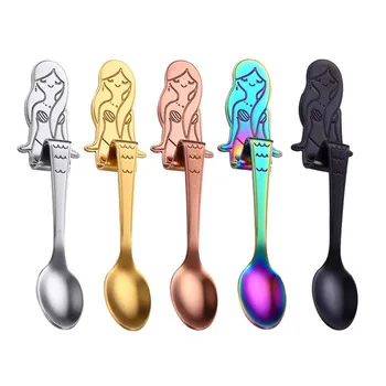 

High Quality 304 Stainless Steel Mermaid Design Spoon Mini Metal Coffee Spoon Gold Spoons