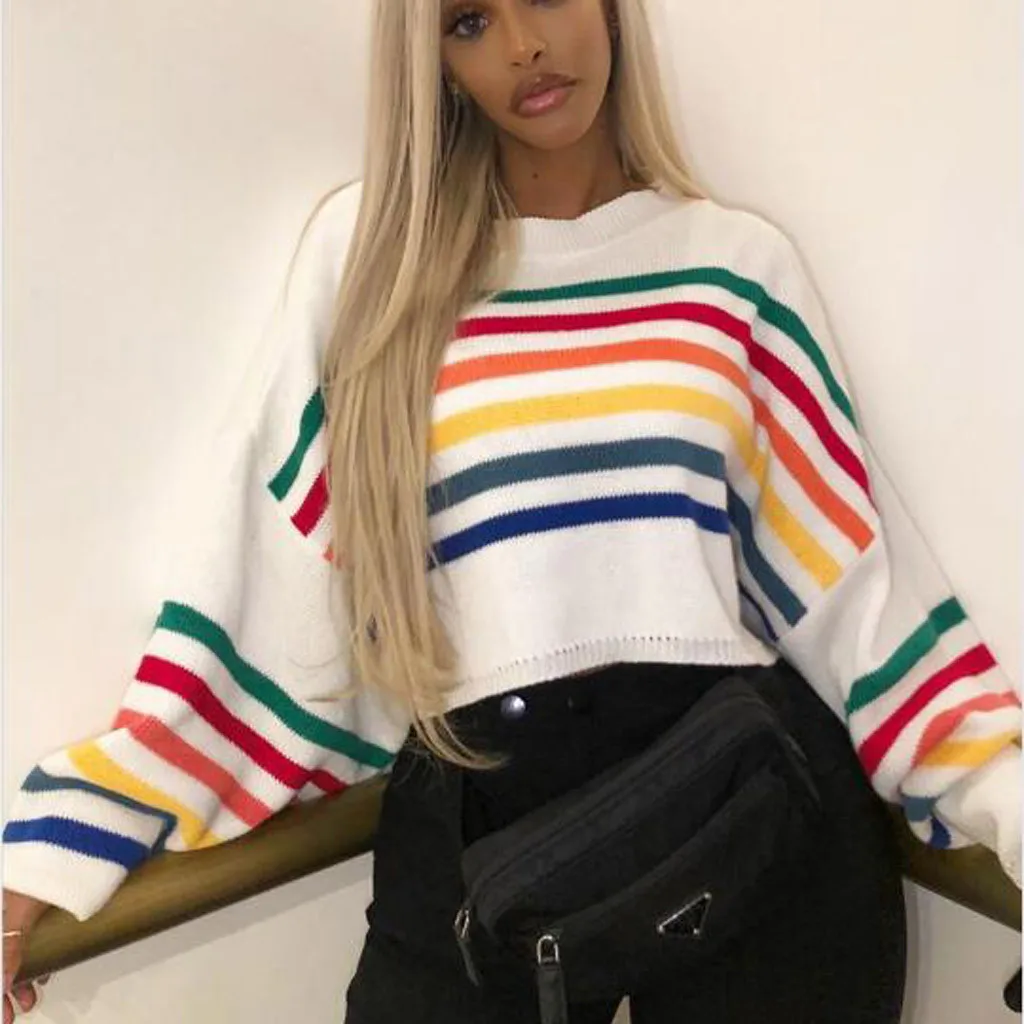 

Women Pullover Sweater 2019 Spring Autumn Long Sleeve Pullovers Button Decorate Striped Knitted Sweaters Female Tops#J30