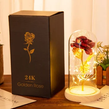 

Rose Flower And LED Light String In Glass Dome On Wooden Base Artificial Decorations Valentine's Day Gifts Universal Best Gifts