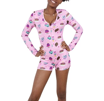 

Brand New Summer Womens Cute Cartoon Printed Long Sleeve Playsuits Sleepwear Adult Knitted Pajamas Rompers Bodysuit Jumpsuits