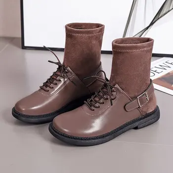 

Rimocy British Style Lace Up Sock Boots Women PU Leather Patchwork Ankle Boots Woman 2020 Autumn Flat Heels Buckle Casual Botas