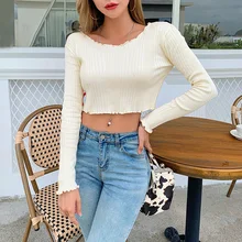 Best Price Knitted T-shirt Women Solid Color Shirt Autumn Casual Long Sleeve One Size Ruffled Exposed Navel Midriff-baring Tops for Women Best Price Knitted T-shirt Women Solid Color Shirt Autumn Casual Long Sleeve One Size Ruffled Exposed Navel Midriff-baring Tops for Women