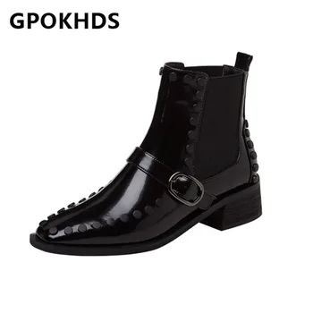 

GPOKHDS 2021 women Ankle boots Cow leather Winter short plush Square Toe Metal Decoration Med heels female Chelsea boots size 39