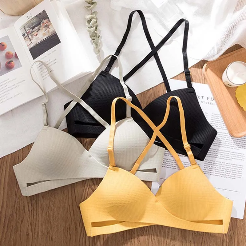 

Roseheart For Women Yellow Seamless Cross Back Bralette Cut Out Wireless One-Piece Bras Padded Cotton Cup A B Maiden Bras