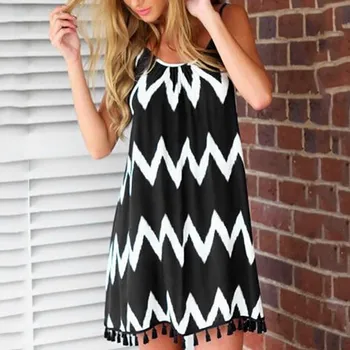 

Mini Dress Summer Sexy wave pattern tassel strap Sleeveless Holiday Dress Casual Party Clothing Dress Vestido 1.16