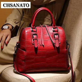 

CHSANATO Women Fashion Handbag Top Quality Genuine Cow Leather Large Shoulder Cross Body Bags Stone Pattern Ladies Tote