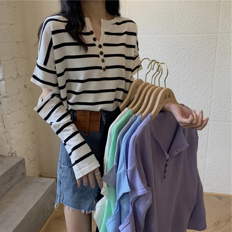 

Thin ice silk knit Pullovers Solid T-Shirts Slim Autumn Basewear Women Bottoming New Tops Chic Full Sleeves Casual Loose2021