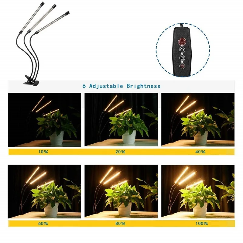 30 Вт Светодиодный светильник для выращивания, DC 5 В, USB, с таймером, с регулируемой яркостью, полный спектр, 3 головные лампы, гибкий зажим, фито-лампа для выращивания растений, фитолампа