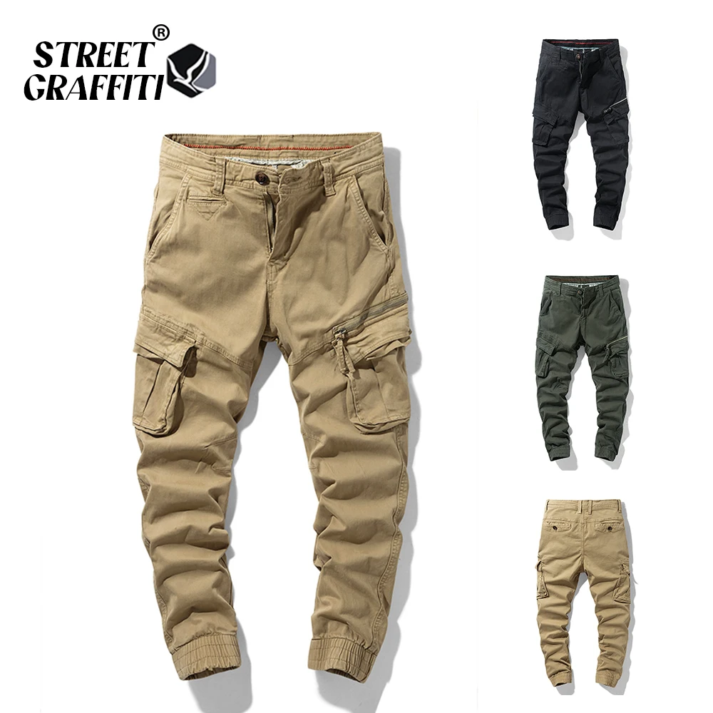 2023 New Spring Men s Cotton Cargo Pants Clothing Autumn Casual Fashion Elastic Waist Quality Pantalones