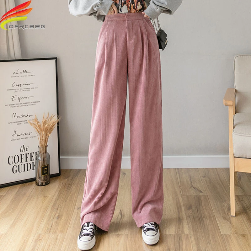 Pantalones de pana con bolsillos para holgado de pierna ancha y cintura alta, color gris, Beige, negro y rosa, gran oferta, invierno, 2020|Pantalones y pantalones capri| - AliExpress