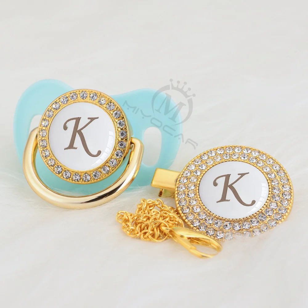 BLING bling белый имя инициалы буквенные K соска и соска клип набор безопасный, не содержит БФА прекрасный bling Золотое кольцо для соски LK-W