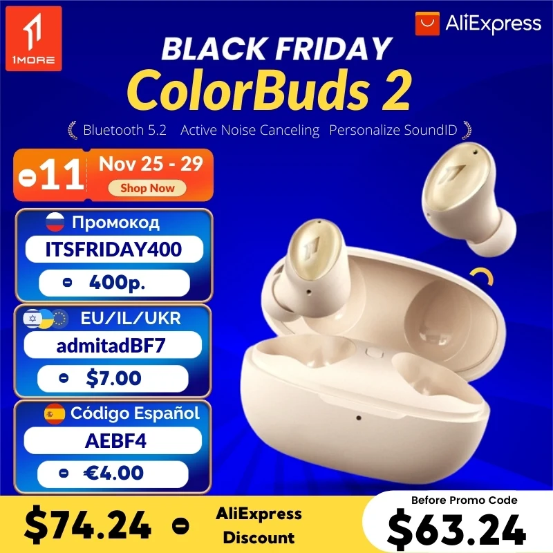1MORE ColorBuds 2 Wireless Headphones AptX Bluetooth 5.2 Tws EarBuds ANC Noise Canceling SoundID Charge 24H Playtime | Электроника