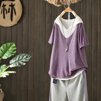 

hooded false two pieces women t-shirts 2020 summer new cotton casual oversized all match female pulls outwear coat tops tees