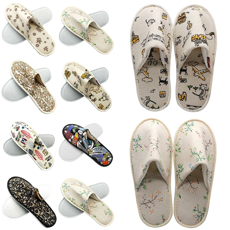 Cute Printed Disposable Slippers Linen Hotel Travel Spa Slippers Home New Beauty Salon Slippers Women's Slippers Hot women shoes