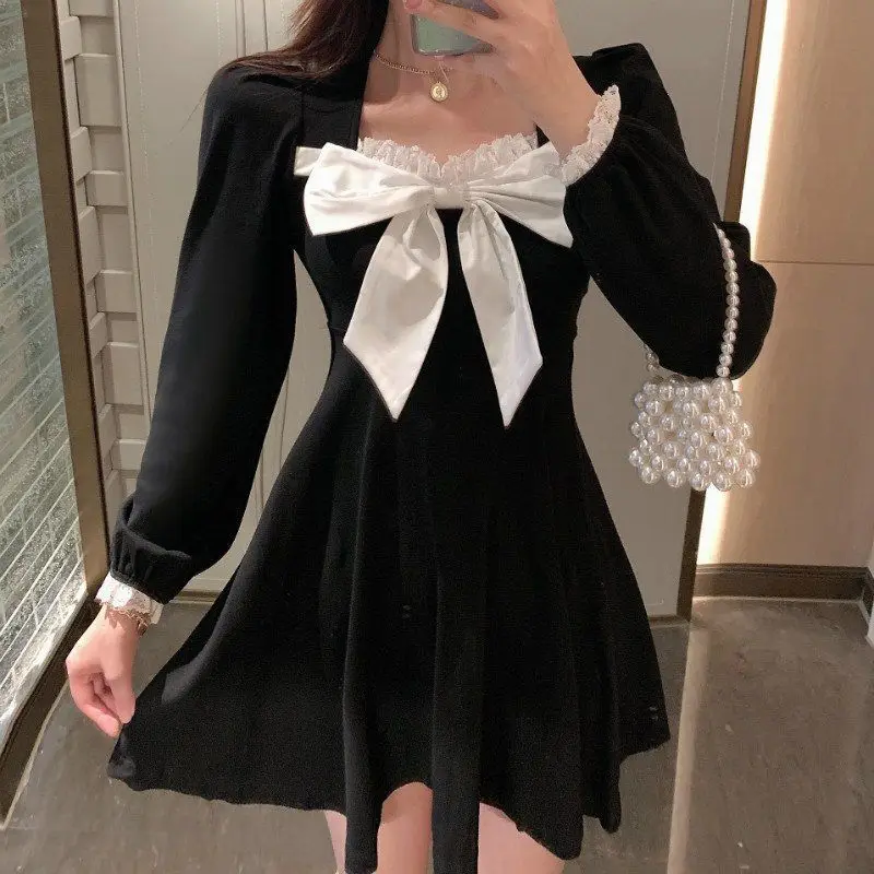 Hikigawa 2022 Woman Dress Chic Preppy Style Sweet Bow Lace Patchwork Vestidos De Mujer Square Collar Puff Sleeve Mini Dresses