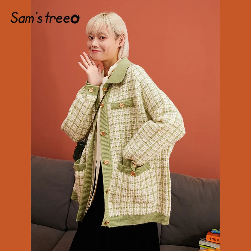 low cost  SAM'S TREE Green Plaid Tweed Pocket Women Wool Coat 2019 Winter Black And White Single Metal Button