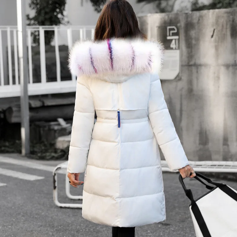 white colored collar Новинка, женское длинное пальто, Осень-зима, теплый пуховик, хлопок, уплотненный, искусственный мех, пальто, парка, женская, одноцветная, повседневная куртка, верхняя одежда, D153 - Цвет: white colored collar