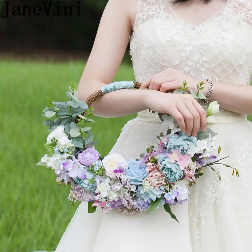 JaneVini, Радужный цветок макарон, Свадебный венок, портативный свадебный букет, искусственная голубая корзина, декорация молотка