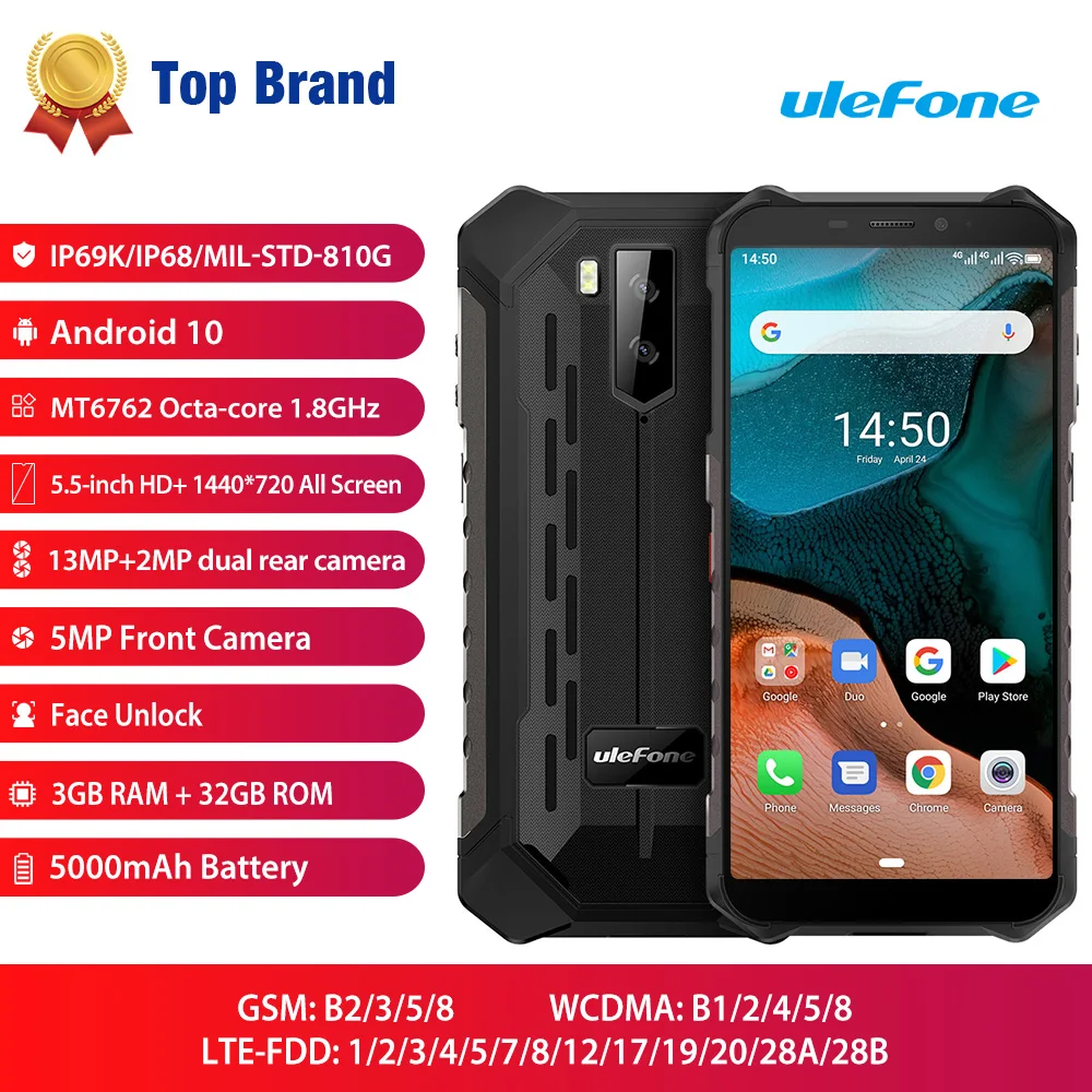 Смартфон Ulefone Armor X5 защищенный Android 10 8 ядер NFC IP68 3 + 32 ГБ 5000 мА · ч 4G LTE|Смартфоны| |