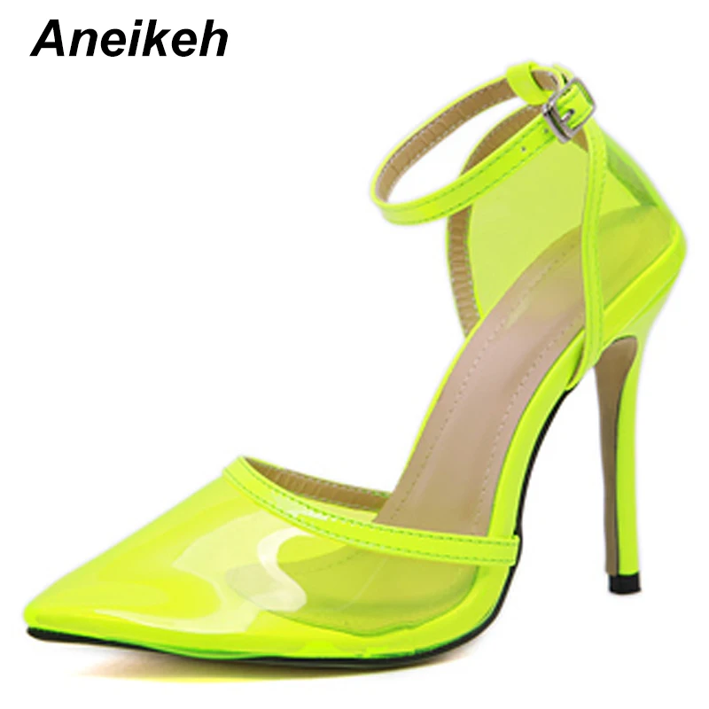Aneikeh/заостренный кончик; женские Босоножки на каблуке из пвх; туфли-лодочки с ремешком на лодыжке; туфли на очень высоком каблуке 12 см; модельные туфли с открытым носком и пряжкой; женская обувь; 40 - Цвет: green
