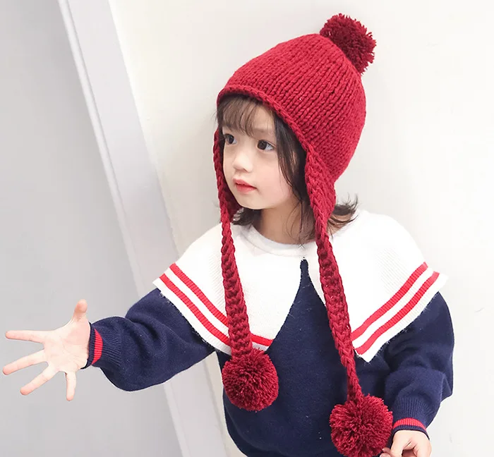 Шапка-ушанка для детей 2-5 лет, зимняя вязаная шапка с помпонами, одноцветная теплая шапка унисекс