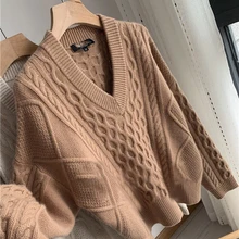 Шерстяной свитер женский утолщенный осенне-зимний свитер с v-образным вырезом сплошной цвет со стразами свободный ленивый ветер одежда вязаный кашемировый свитер