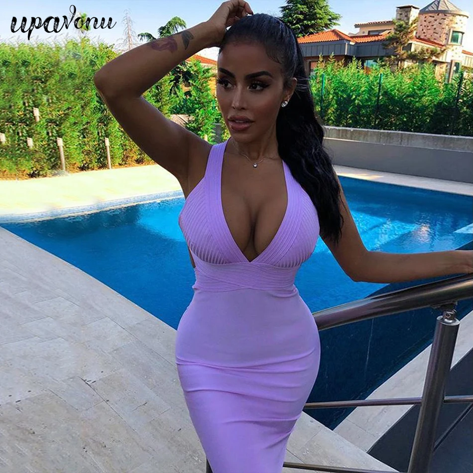 Ново Vestido De Bandagem De Verão Violeta пикантные профундо Decote Em V платье на бретелях повязки облегающие Клубные вечерние платья