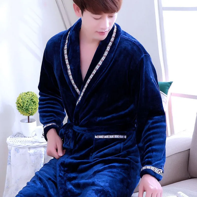 cheap pajama pants Flannel Dragon Crane Men Kimono Bathrobe Gown Casual Nightwear Winter Thick Warm Sleepwear Nightgown Plus Size Loose Homewear mens sleepwear set