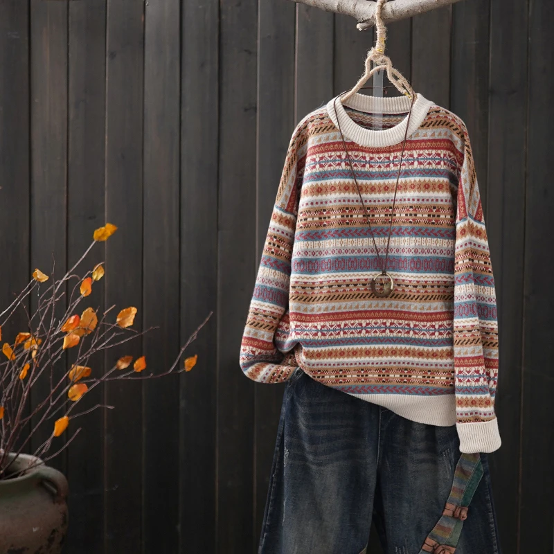 Figure three Stripped Women Sweater Spring Auttum Casual Loose Sueter Mujer Knitted O Neck Sweet Fashion Pullover for Ladies - Цвет: Figure three
