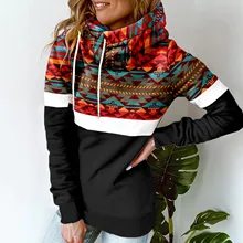 

Women's Geometric Pattern Warm Scarf Neck Hoodie Pullover Vintage Western Ethnic Style Aztec Print Drawstring Hooded Sweatshirt