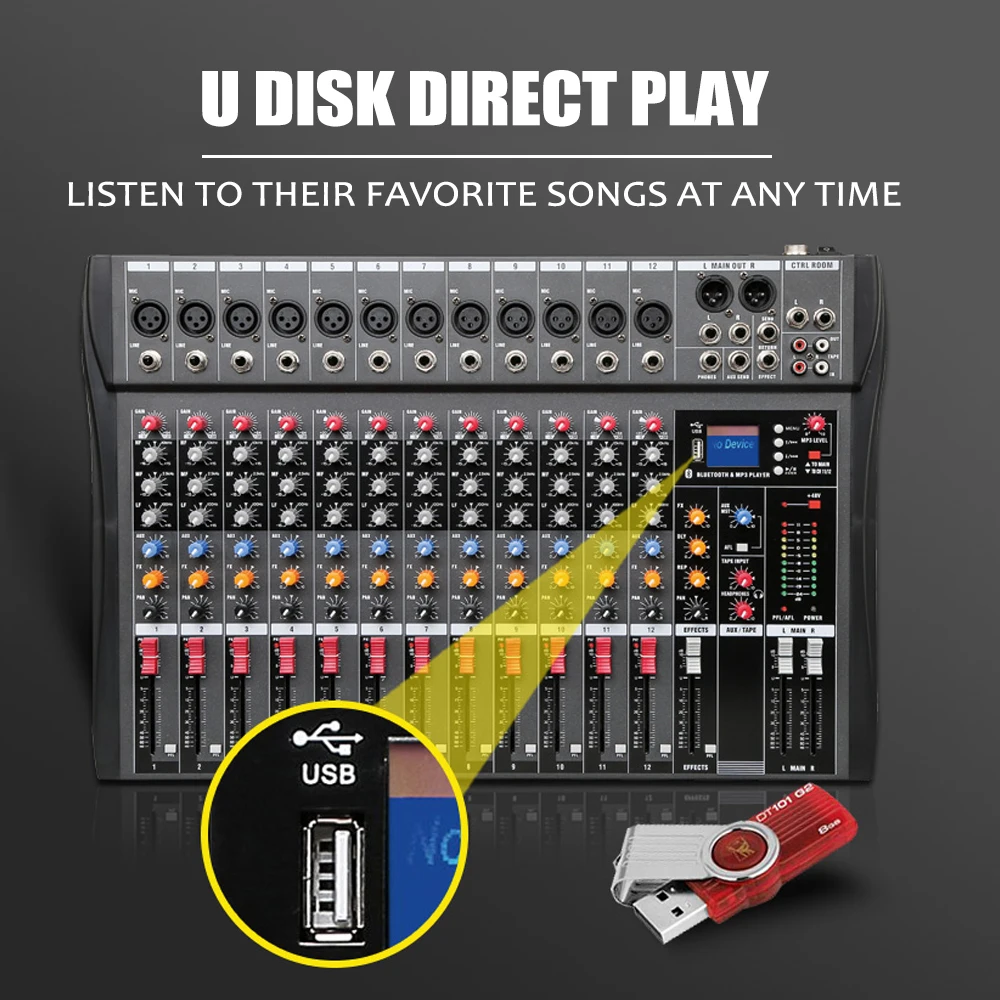 12 канальный DJ микшер звука с bluetooth USB Jack Профессиональный Live Studio караоке аудио микшерный пульт Phantom power