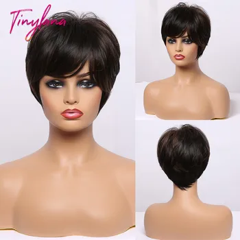 

TINY LANA Short Ombre Black Ash Light Blonde White Synthetic Wigs With Bangs For Black Woman Afro Cosplay Wigs High-Temperature