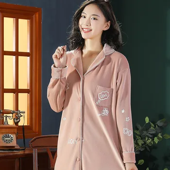 

Nightdress Casual Flannel Autumn New Lapel Sleepshirt Long Sleeve Loose Nightgown Sleepwear Cute Cartoon Home Dressing Gown