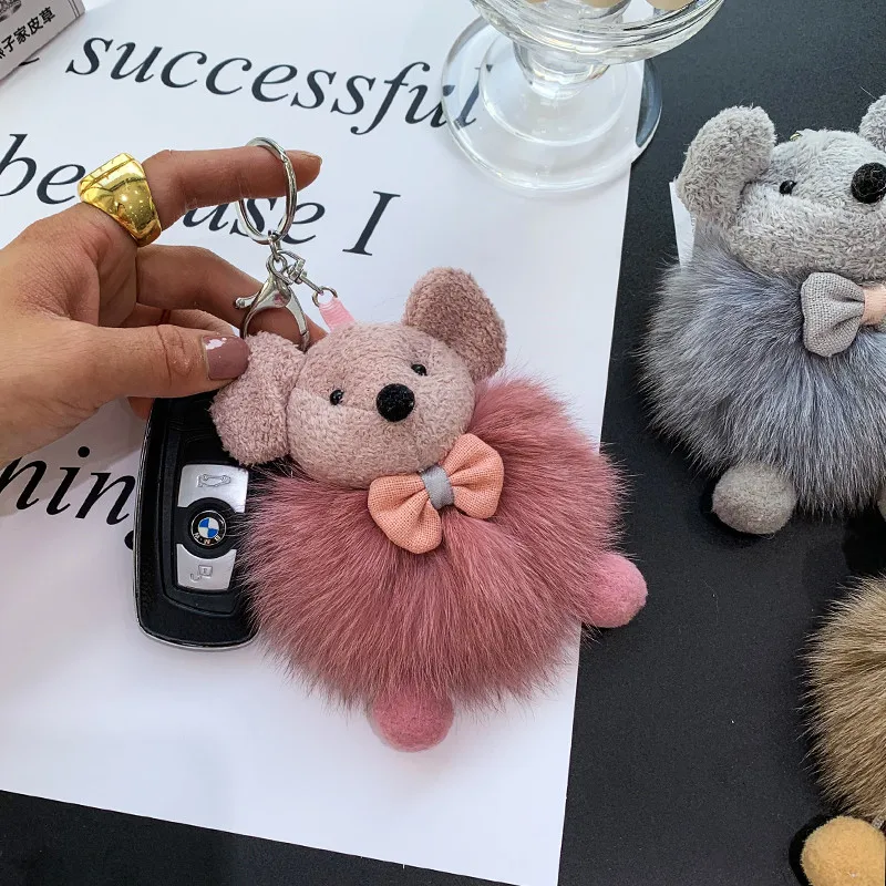Женская маленькая игрушка мышь брелок из меха пушистый помпон лисьего подвеска