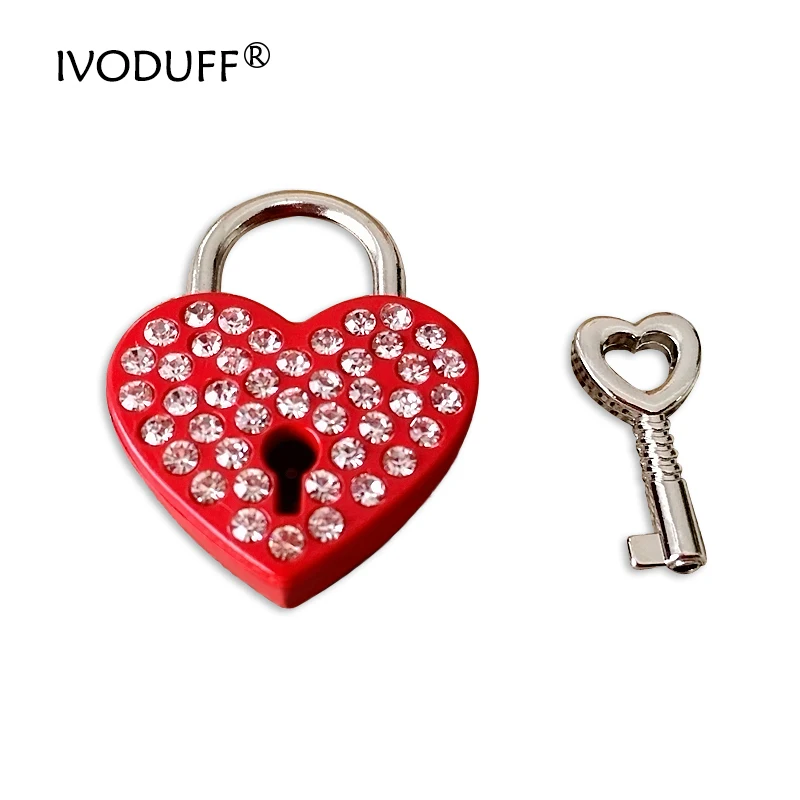 3 Colors Rhinestone Diamond Love Heart Padlock Lock Key For Luggage Decoration