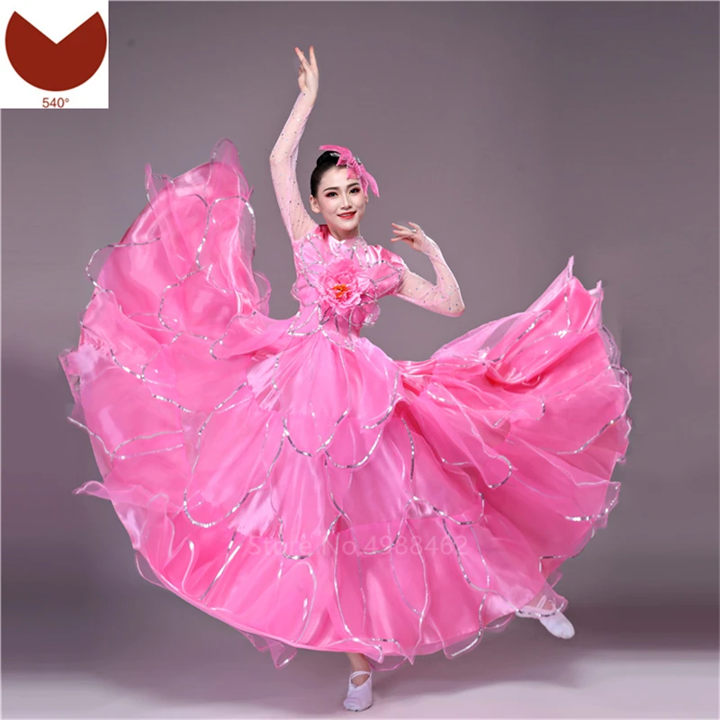 Pink 540degree Испанское платье для Фламенго, для танцев, Цыганская юбка, для женщин, год, для хора, для сцены, одежда для взрослых, для корриды, фламенко размера плюс - Цвет: Pink 540degree