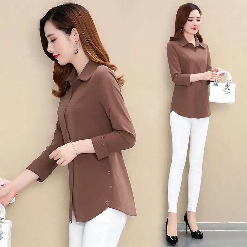 

2021 Spring Autumn Fashion Button Up Elegant Shirt Vintage Blouse Women Coffee Lady Long Sleeves Female Slim Fit Street Shirts