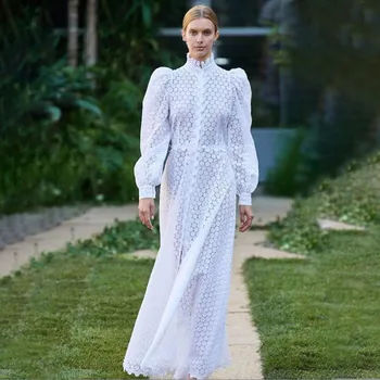 

Flower Embroidery Women Geometric Patchwork Dress Long Sleeve A-Line Dresses Z1212