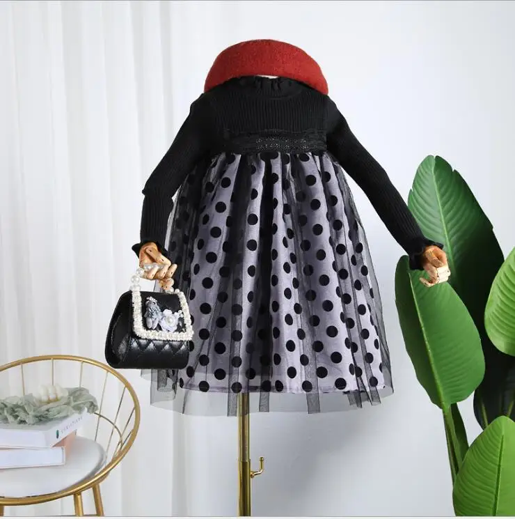 Платье-свитер для девочек коллекция года, осенне-зимние детские платья в горошек модное высококачественное детское платье принцессы детская одежда