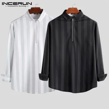 

INCERUN Fashion Men Striped Shirt Long Sleeve Lapel Streetwear Casual Zipper Tops Slim Leisure 2020 Mens Brand Shirts S-5XL