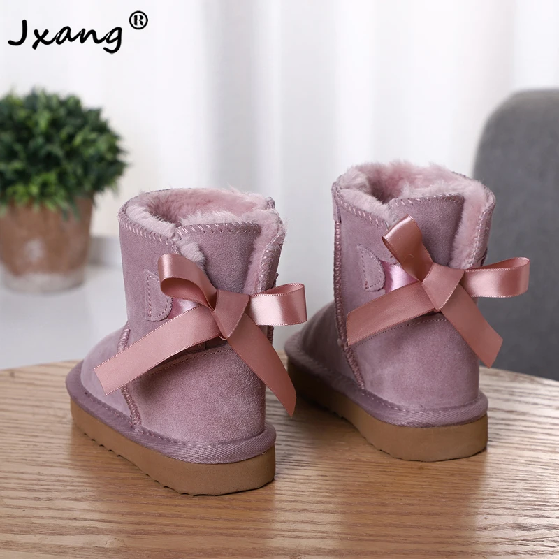 

JXANG Fashion New Pretty Children Warm Girl Boy Snow Boots Winter Boots Genuine Cowhide Leather Lace up Butterfly kids shoes