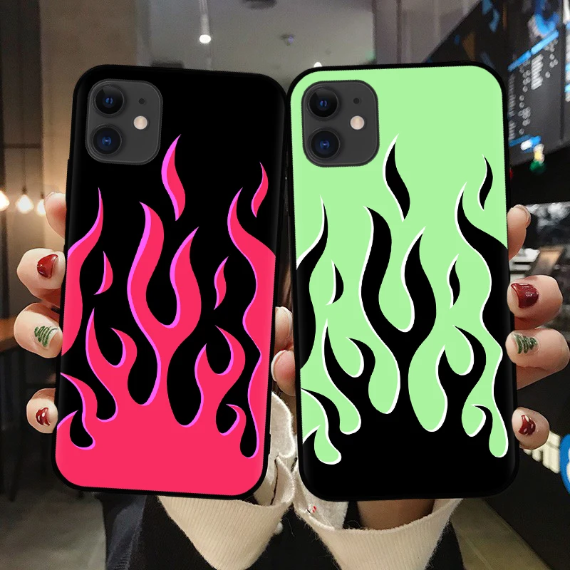 

For iPhone XR X XS Max 8 7 6 6S Plus 5S SE Shell Matte silicone Phone Cases For iPhone 11 Pro Max Cool green flame Back Cover