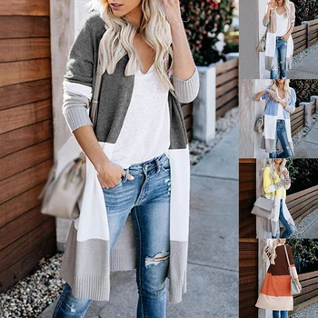 

2020 Spring Women Sweater Striped Color Block Draped Loose Cardigan Long Sleeve Casual Knit Sweater Coat