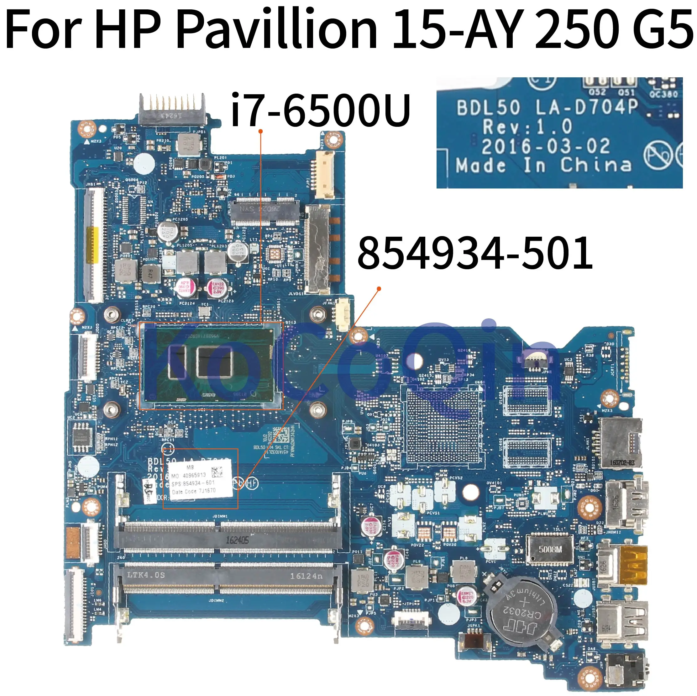 discount  KoCoQin Laptop motherboard For HP Pavillion 15-AY 250 G5 Core i7-6500U Mainboard BDL50 LA-D704P 854