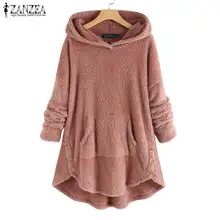 Женская зимняя плюшевая пушистая Толстовка ZANZEA с капюшоном, флисовый пуловер с длинным рукавом, повседневные однотонные осенние толстовки, пальто с капюшоном Top7