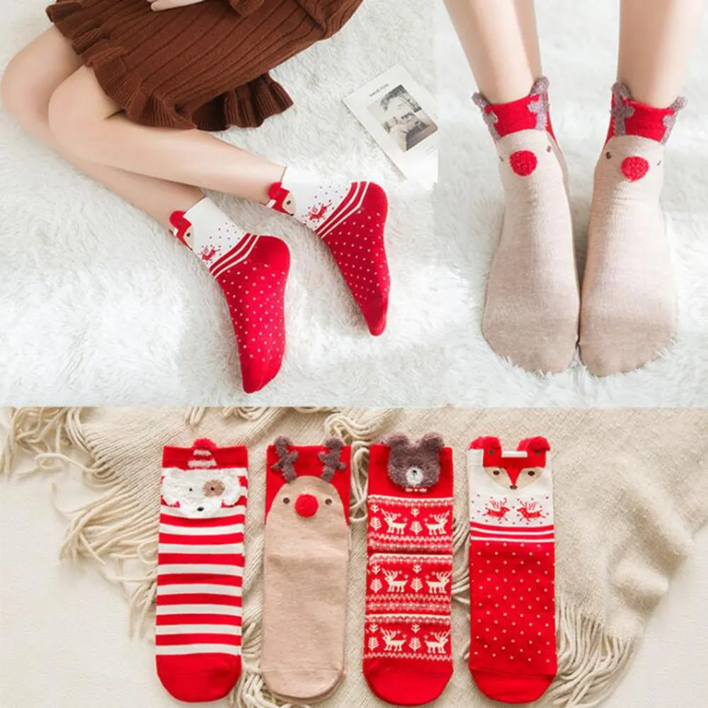 4 пары осенне-зимних дышащих Хлопковых Носков; рождественские носки с объемными рисунками; Милые Удобные женские носки в японском стиле